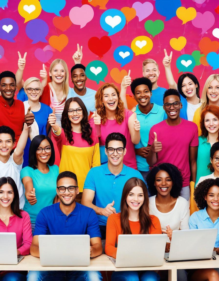A vibrant scene depicting a diverse group of happy people engaging in an online community, surrounded by colorful icons representing support and joy (thumbs up, hearts, chat bubbles). Include elements of technology like laptops and smartphones, symbolizing quick access. The background should have a bright, uplifting atmosphere with soft gradients. super-realistic. vibrant colors.