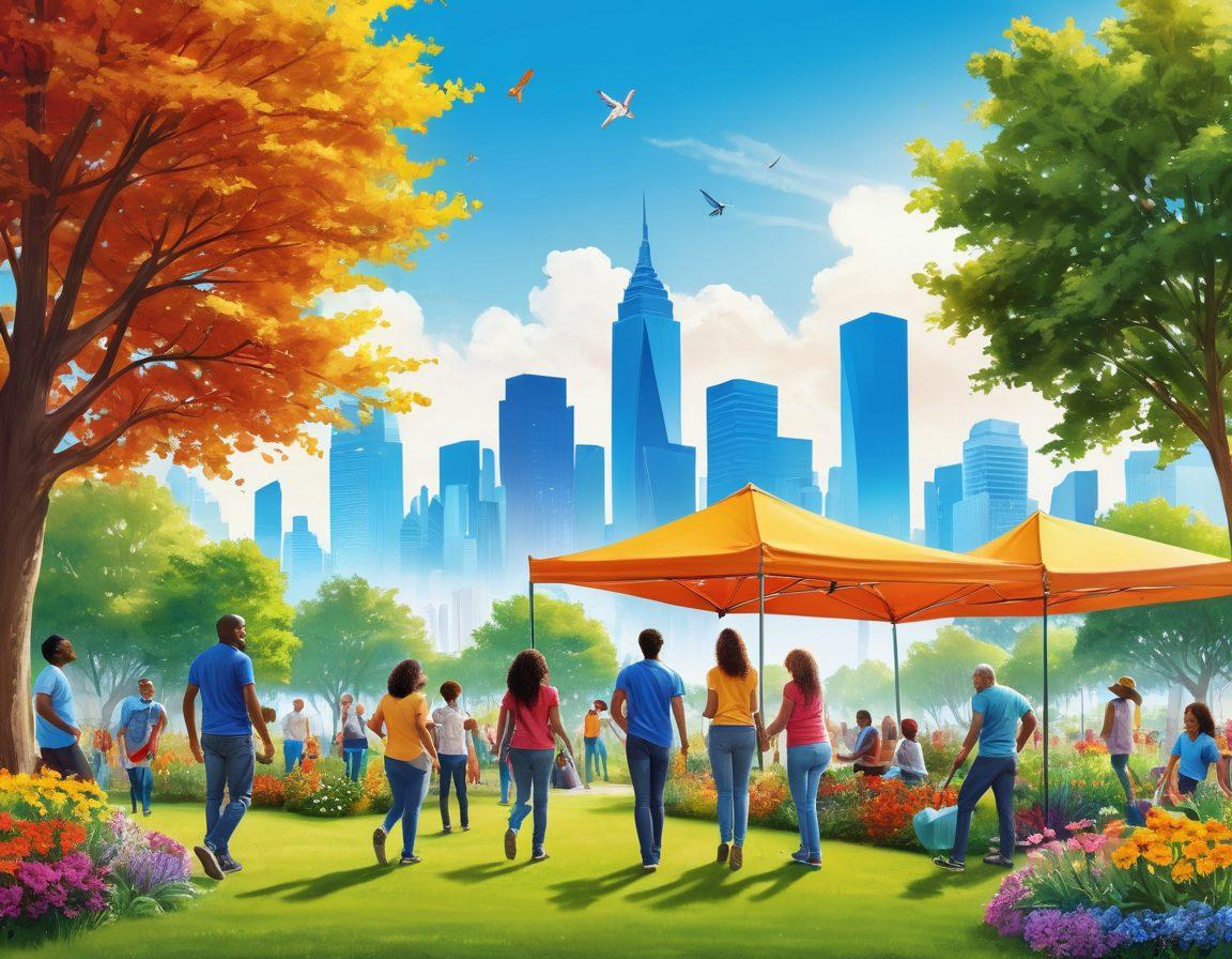A diverse group of happy people engaging in various community activities like gardening, volunteering, and sharing ideas in a colorful park setting. Bright banners showcasing community benefits flutter in the breeze, while people of all ages connect and smile together. The background features a vibrant skyline symbolizing a bustling community. super-realistic. vibrant colors. bright blue sky.