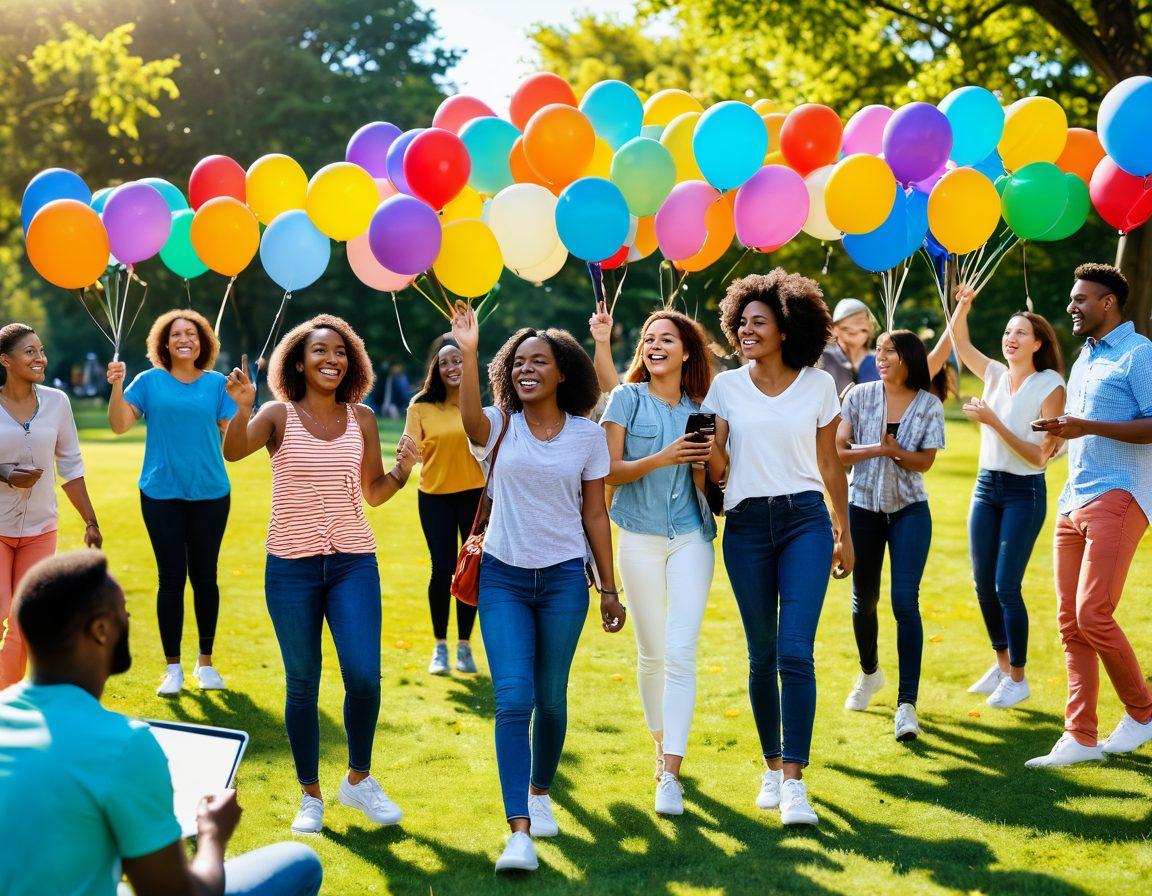 A vibrant, inviting scene of a diverse group of people joyfully interacting in a bright, sunny park, surrounded by colorful balloons and banners that indicate a supportive community. Include elements like laptops and smartphones showcasing membership benefits, with an atmosphere of excitement and connection. Use playful, cheerful colors to enhance the feeling of joy and inclusivity. super-realistic. vibrant colors. sunny atmosphere.